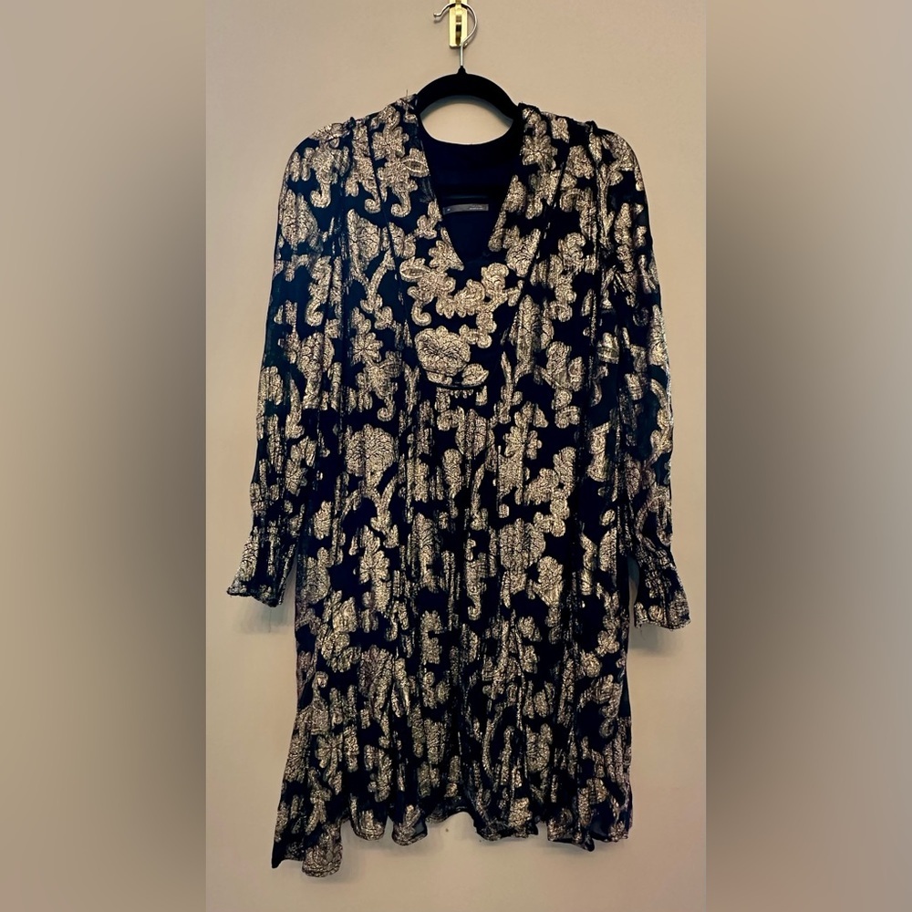 Anthropologie Metallic Brocade Dress XS Gold and Black
